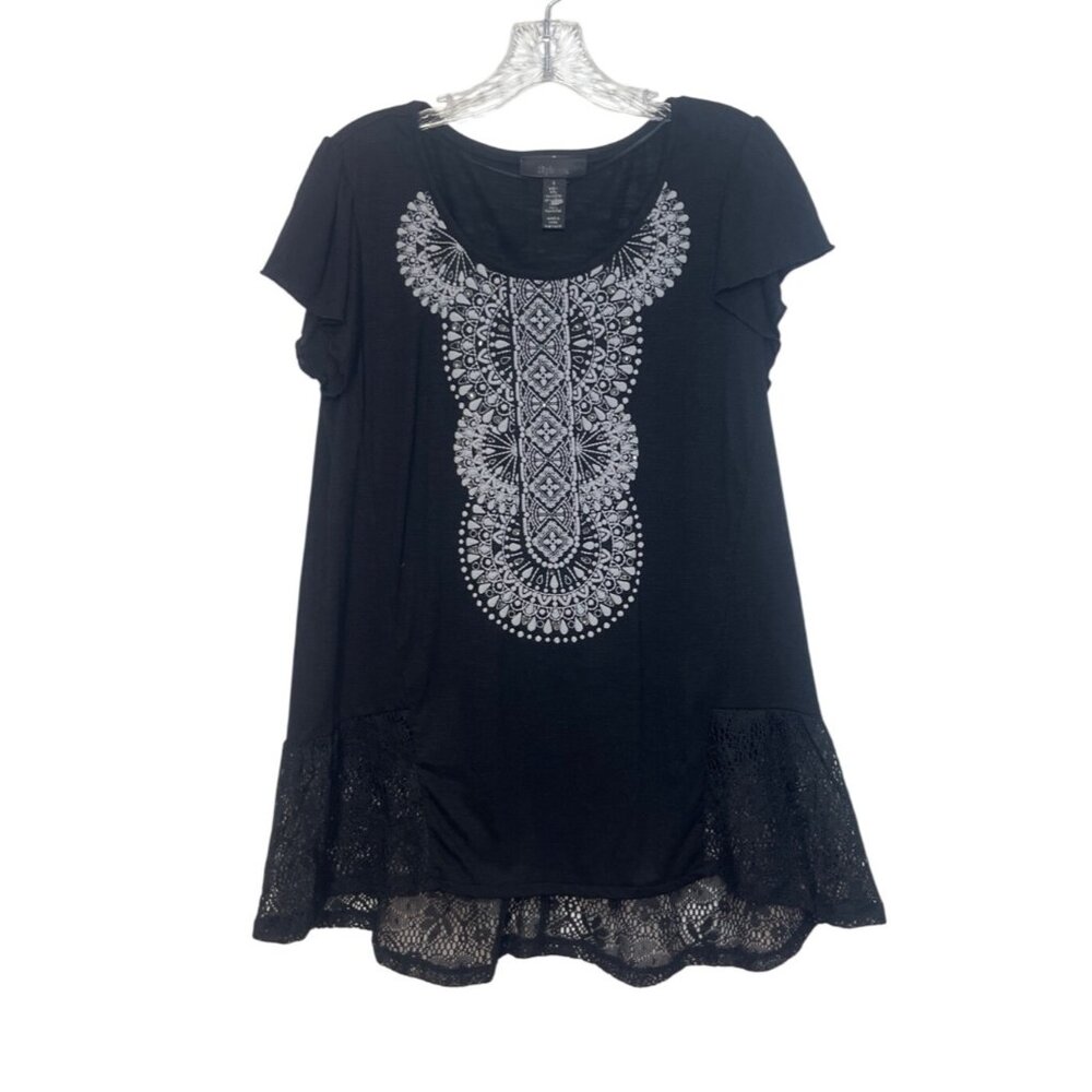 Style & Co Tunic Top Womens Small Black White New WOT Lace‎ Hem